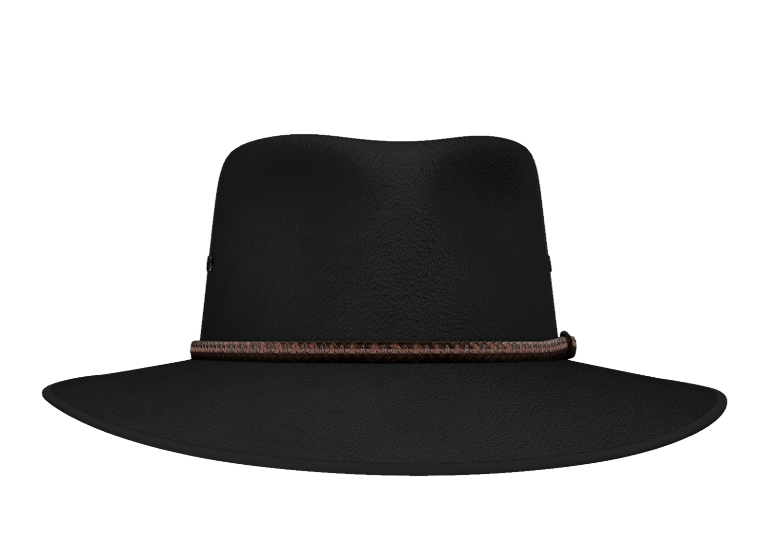 A black fur-felt Akubra hat with a plaited leather band